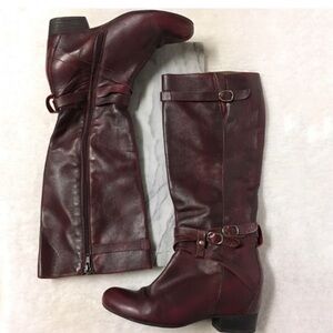 Miz Mooz Femme Tall Boots Size 9 Maroon Red Leather Low Heel Side Zipper